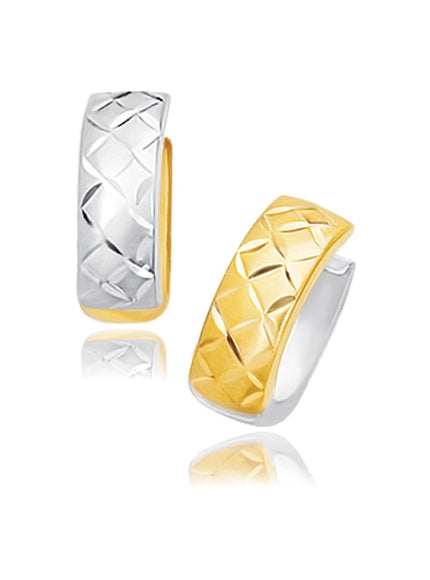 14k Two-Tone Gold Reversible Quilted Hinged Hoop Huggie Earrings