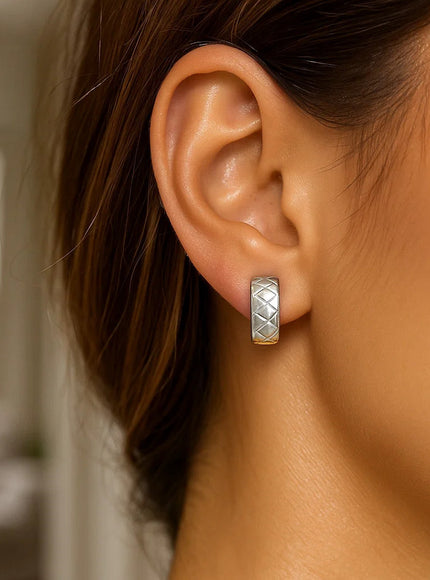 14k Two-Tone Gold Reversible Quilted Hinged Hoop Huggie Earrings