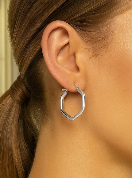 14k White Gold Shiny Hexagon Hoop Earrings
