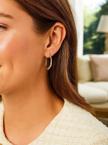 14k White Gold Shiny Hexagon Hoop Earrings