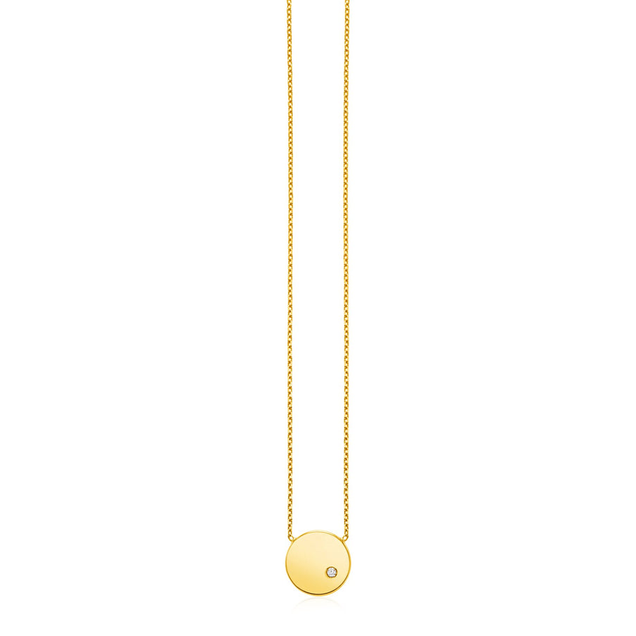 14k Yellow Gold Necklace with Polished Round Pendant with Diamond