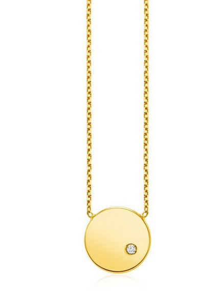 14k Yellow Gold Necklace with Polished Round Pendant with Diamond