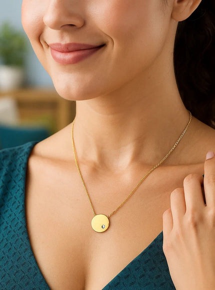 14k Yellow Gold Necklace with Polished Round Pendant with Diamond