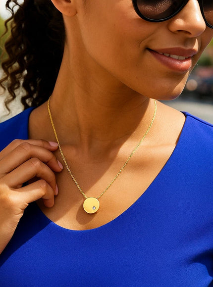 14k Yellow Gold Necklace with Polished Round Pendant with Diamond