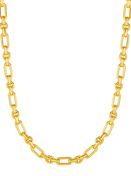 Rounded Rectangular Link Necklace with Textured Round Links in 14k Yellow Gold