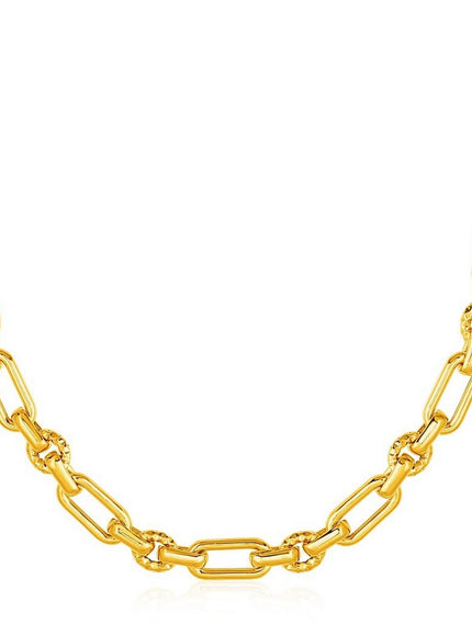Rounded Rectangular Link Necklace with Textured Round Links in 14k Yellow Gold
