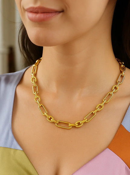 Rounded Rectangular Link Necklace with Textured Round Links in 14k Yellow Gold