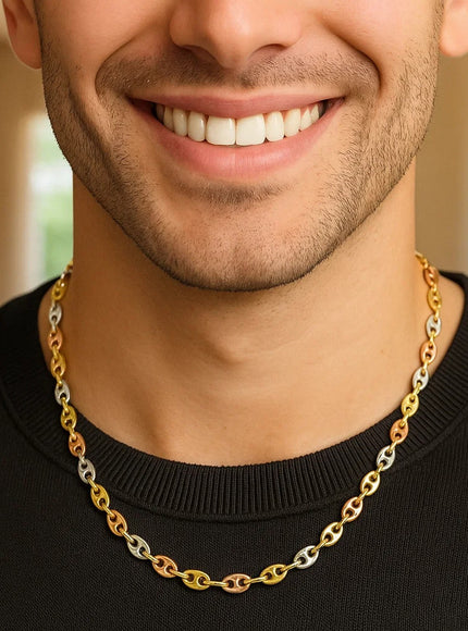 14k Tri Color Gold High Polish Puffed Mariner Link Chain (4.9mm)