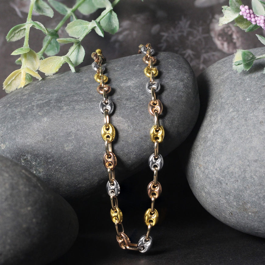 14k Tri Color Gold High Polish Puffed Mariner Link Chain (4.9mm)