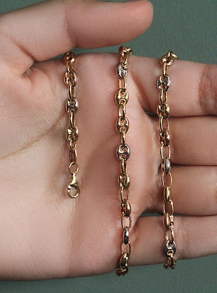 14k Tri Color Gold High Polish Puffed Mariner Link Chain (4.9mm)