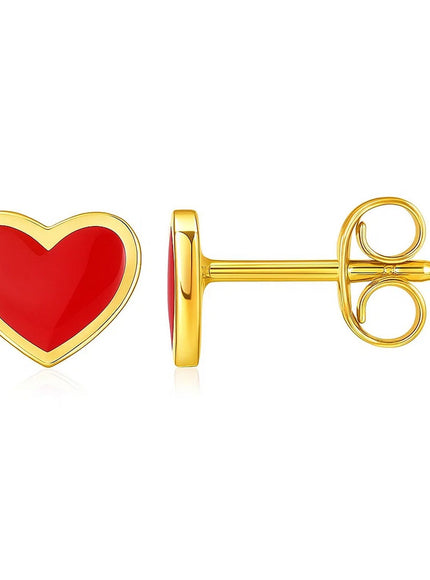 14k Yellow Gold and Enamel Red Heart Stud Earrings