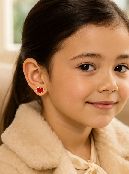 14k Yellow Gold and Enamel Red Heart Stud Earrings