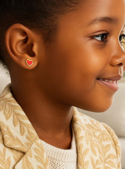 14k Yellow Gold and Enamel Red Heart Stud Earrings