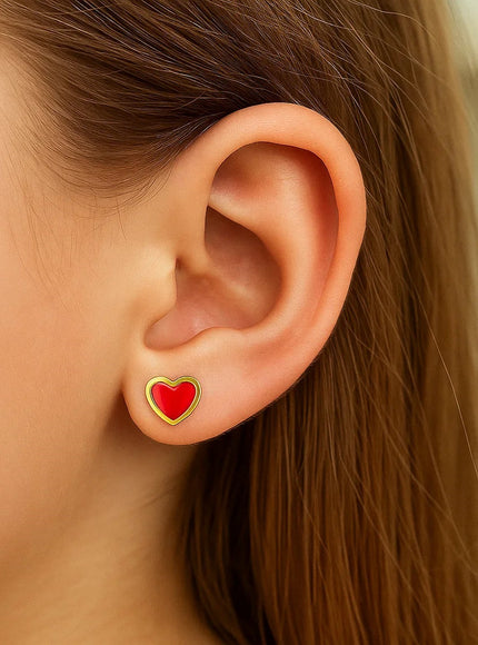 14k Yellow Gold and Enamel Red Heart Stud Earrings