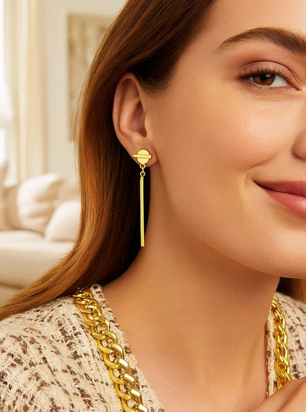 14k Yellow Gold Modern Disc and Bar Drop Earrings