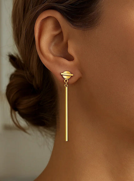 14k Yellow Gold Modern Disc and Bar Drop Earrings
