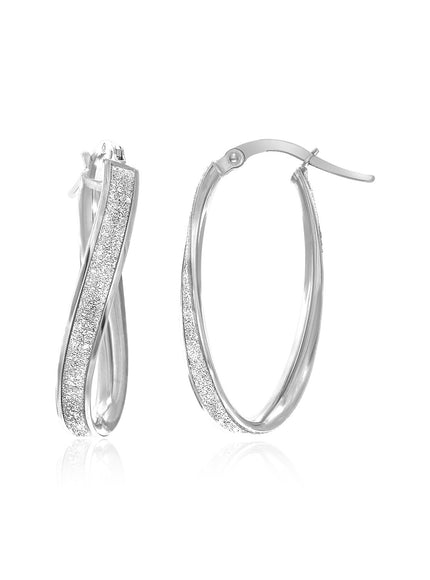 14k White Gold Oval Hoop Twist Glittery Earrings