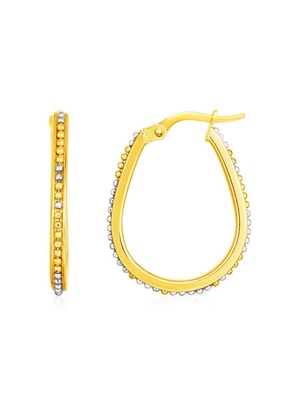 14k Two Tone Gold Oval Hoop Earrings with Bead Texture