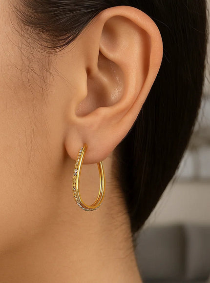 14k Two Tone Gold Oval Hoop Earrings with Bead Texture