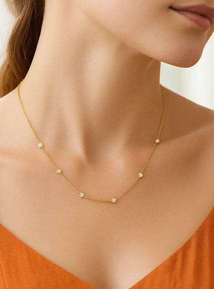 14k Yellow Gold Station Necklace with Round Diamonds