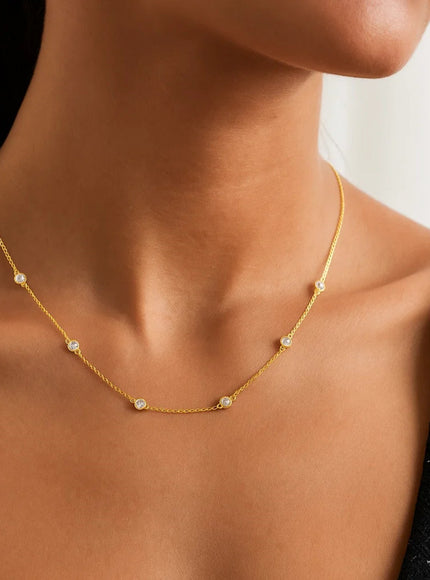 14k Yellow Gold Station Necklace with Round Diamonds
