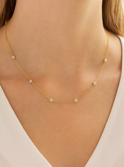 14k Yellow Gold Station Necklace with Round Diamonds