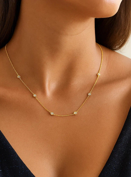 14k Yellow Gold Station Necklace with Round Diamonds