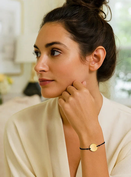 9 1/4 inch Black Cord Adjustable Bracelet with 14k Yellow Gold Circle