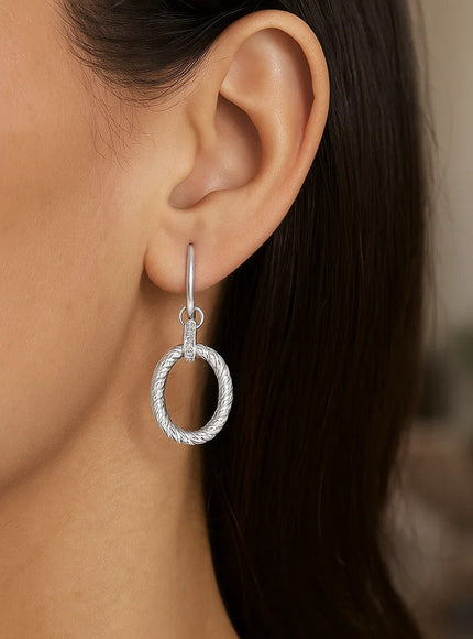 Sterling Silver Rhodium Finished Diamond Embellished Oval Rope Drop Earrings