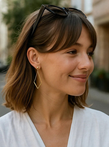 14k Yellow Gold Diamond Shape Chain Drop Earrings