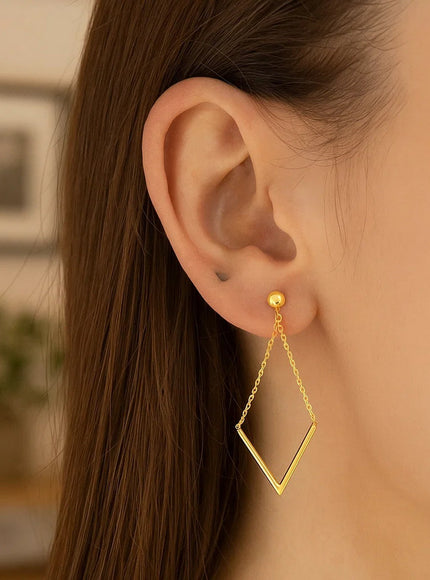 14k Yellow Gold Diamond Shape Chain Drop Earrings