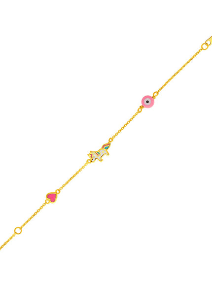 14k Yellow Gold 5 1/2 inch Childrens Bracelet with Enameled Heart Unicorn and Circle