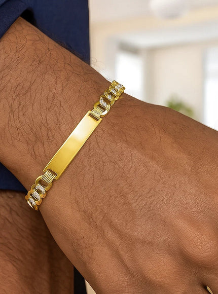 14k Two Tone Gold 8 1/2 inch Mens Curb Chain ID Bracelet with White Pave