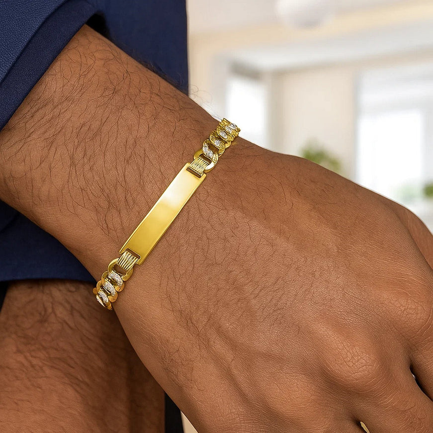 14k Two Tone Gold 8 1/2 inch Mens Curb Chain ID Bracelet with White Pave