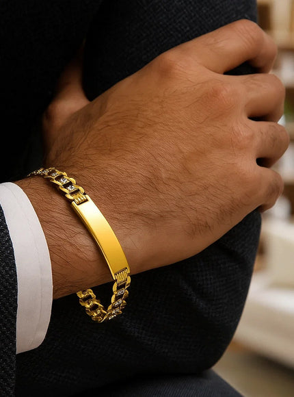 14k Two Tone Gold 8 1/2 inch Mens Curb Chain ID Bracelet with White Pave