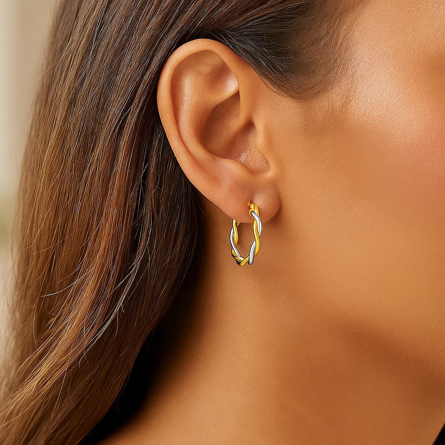 Two-Tone Twisted Wire Round Hoop Earrings in 10k Yellow and White Gold