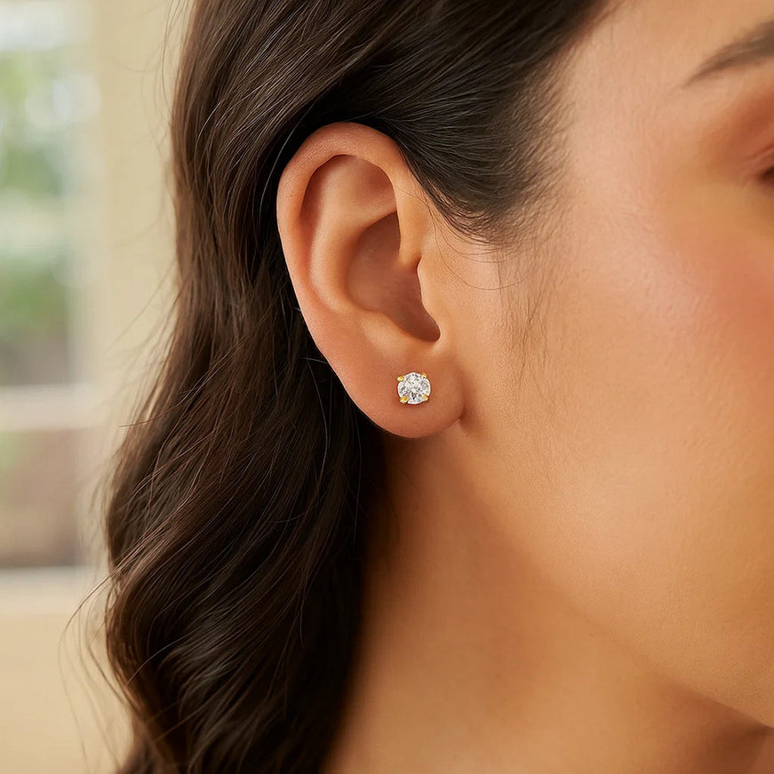 14k Yellow Gold Stud Earrings with White Hue Faceted Cubic Zirconia