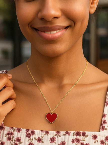 14k Yellow Gold High Polish Heart Red Cornelia Paste Necklace