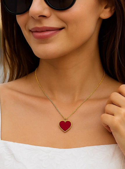 14k Yellow Gold High Polish Heart Red Cornelia Paste Necklace