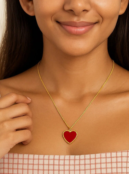 14k Yellow Gold High Polish Heart Red Cornelia Paste Necklace