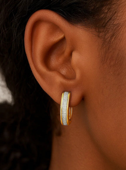 14k Two-Tone Gold Glitter Center Oval Hoop Earrings