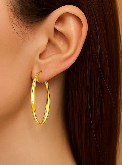 14k Yellow Gold Twist Motif Oval Shape Hoop Earrings