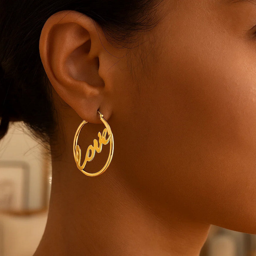 14K Yellow Gold Love Hoop Earrings