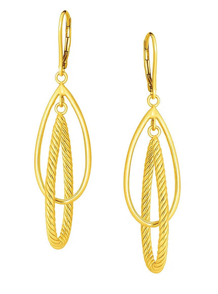 14k Yellow Gold Earrings with Shiny and Textured Teardrop Dangles
