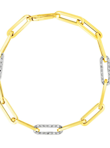 14k Yellow Gold 7 1/2 inch Paperclip Chain Bracelet with Three Diamond Links