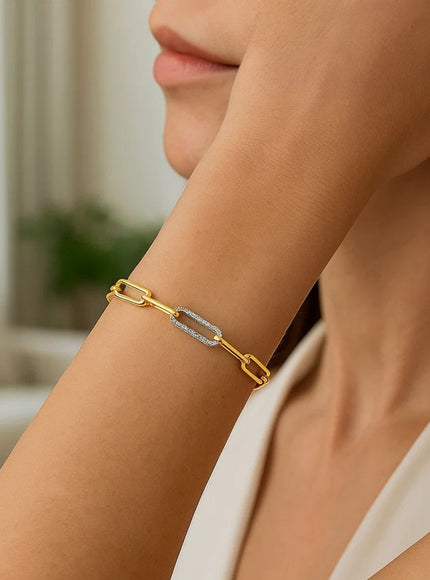 14k Yellow Gold 7 1/2 inch Paperclip Chain Bracelet with Three Diamond Links