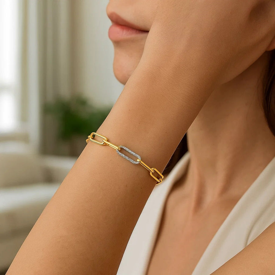 14k Yellow Gold 7 1/2 inch Paperclip Chain Bracelet with Three Diamond Links