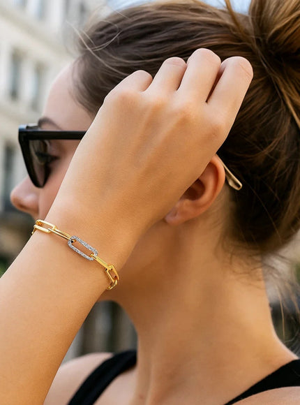 14k Yellow Gold 7 1/2 inch Paperclip Chain Bracelet with Three Diamond Links