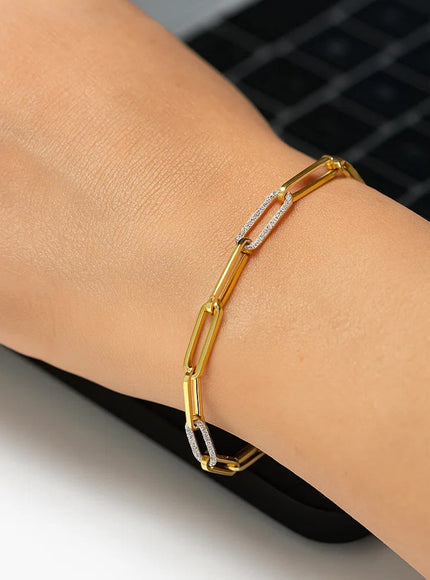 14k Yellow Gold 7 1/2 inch Paperclip Chain Bracelet with Three Diamond Links