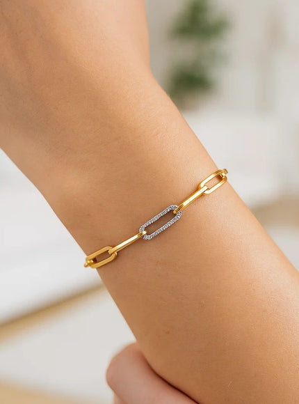 14k Yellow Gold 7 1/2 inch Paperclip Chain Bracelet with Three Diamond Links